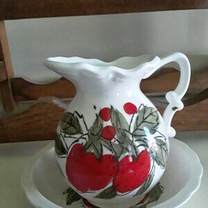 Vintage ENESCO Hand Painted Pitcher with Matching Saucer - Strawberry Motif